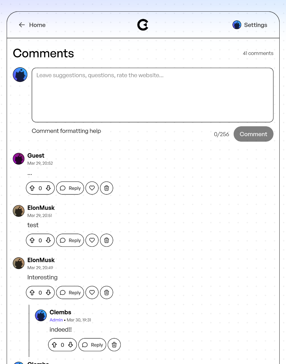 The comments section on clembs.com